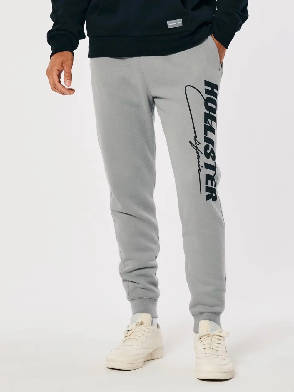 Hollister Men's Light Gray Joggers with Black Logo
